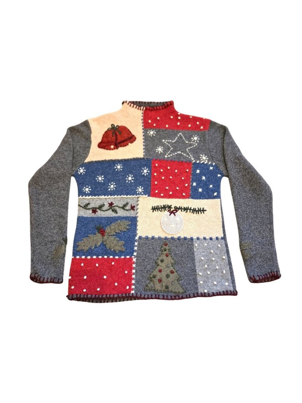 Vintage Talbots Christmas Patchwork Mock-Neck Lambswool Heather Blue Sweater
